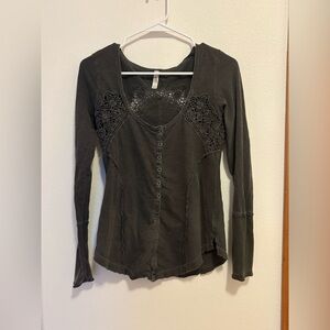 Free People Grey Button up Top w/ Lace insets